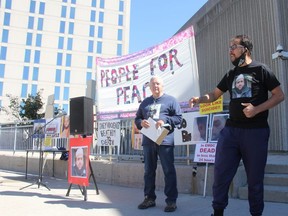 Yusuf Faqiri, whose brother Soleiman Faqiri died while in jail custody, speaks outside London's courthouse as part of the “Justice for Soli” tour. To his right is Glen Struthers, whose grandson, Justin, died at London's embattled provincial jail, the Elgin-Middlesex Detention Centre, in 2017. JONATHAN JUHA/The London Free Press