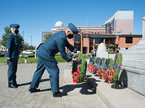 Col. Mark Lachapelle lays a wreathe at the Memorial Park Cenotaph, Sunday, at the annual Battle of Britain ceremony in North Bay.
Cpl. Robert Ouellette, 22 Wing Imagery Technician