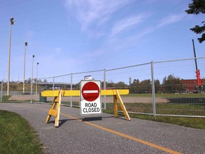 A portion of the Kate Pace Way is seen closed, Monday, as work begins on a new lighting system at Veterans Field. Michael Lee/The Nugget