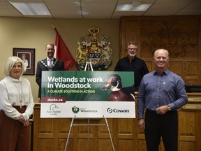 Representatives from the City of Woodstock, Ducks Unlimited Canada and the Cowan Foundation gathered Friday to officially mark a new wetland conservation project on city land near Highway 401. The project will feature a sign, pictured, to mark the partnership. (Kathleen Saylors/Woodstock Sentinel-Review)