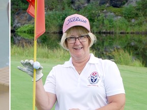 Connie Zwarich by the pool and on the golf course.