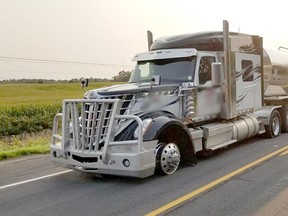 The OPP used spike belts to blow out several tires of a transport truck that wouldn't stop for police as it drove down Highway 8 toward Clinton on Sept. 15. The driver may have suffered a medical emergency, police said. Handout