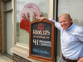 United Way Perth-Huron Campaign Co-chair Martin Ritsma poses with a chalkboard announcing United Way’s local COVID-19 funding total. Submitted