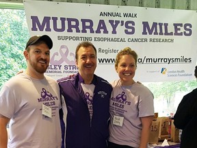 From the left are Chad Insley, Dr. Rick Malthaner, and Nicole Insley at Murray's Miles 2019. Handout