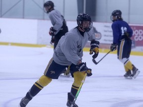 Grande Peace Athletic Club U15 AAA Storm defender Dylan Hoath (shown here) participates in a hard skate at the end of practice on Monday night at the Crosslink County Sportsplex. The Storm continue to practice for a season that is tentatively starting mid-October. Hoath and teammate Reis Nyland are the only two returners on a roster of 19 players.