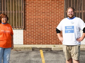 Sharon Oulds, with the Chatham-Kent Prosperity Roundtable's Voices of Poverty, left, and Phillip Mock, project coordinator for the roundtable, right, are shown at Wheatley Baptist Church Sept. 15, 2020. The roundtable is working on a new Community Connectors program to help people access services to lift themselves out of poverty. (Tom Morrison/Chatham This Week)