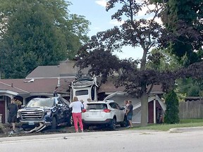 Sarnia police are investigating after a car crashed into a house near the intersection of Lakeshore Road and Christina Street in Sarnia on Aug. 29. Police said one person was taken to hospital. Submitted