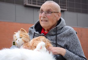 Bruno Sagmeister holds a lifelike robotic cat named Sweetie Pie in his lap in front of Mackenzie Place Continuing Care Centre in Grande Prairie, Alta. on Wednesday, Sept. 23, 2020. Sagmeister is showing an improvement in his dementia as a result of recently adopting the imitation feline.