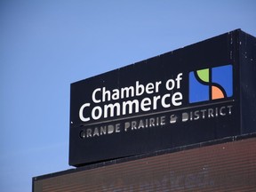 A sign for the Grande Prairie and District Chamber of Commerce outside of Centre 2000 in Grande Prairie, Alta. on March 31, 2019.