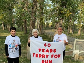 Katherine and Rosemary Rocher and High River Terry Fox Run organizer Brenda McCredie on Sept. 20 at  George Lane Park during the day of the Terry Fox Run.