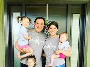 Kyleigh Provenzano and her family sport grey T-shirts for the #AlgomaGoesGrey campaign, a drive to raise awareness about brain tumours.  PHOTO SUPPLIED