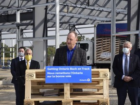 Minister of Natural Resources and Forestry John Yakabuski at an event in Oxford County on Thursday, September 24 announcing more than $2 million in funding for Norwich-based Oxford Pallets. (Kathleen Saylors/Woodstock Sentinel-Review)