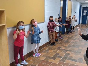 Students and staff at Blind River’s Ecole St. Joseph, of the Conseil scolaire catholique Nouvelon (French Catholic school board), wear masks while in school. Many students in the younger grades (JK to Grade 3) are also wearing them. Supplied