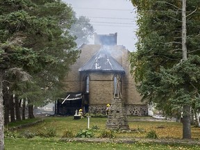 Firefighters at the scene of a fire at Wesley United Church at Saugeen First Nation Monday morning. (Submitted photo)