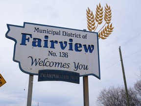 A MD of Fairview sign welcomes visitors coming west on Highway 2.