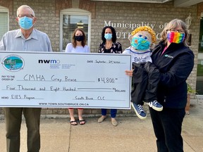 Pictured (L-R) Les Nichols, CLC Member, Vivian Kennedy, CLC Project Coordinator, Cherie Leslie, NWMO
Senior Engagement Advisor, and Jackie Ralph, CMHA Grey Bruce Youth Awareness Coordinator at the cheque
presentation in Teeswater.