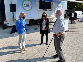 The NWMO Learn More Centre returned to South Bruce on Tuesday, September 22. L-R: Lisa Frizzell, NWMO’s VP of Stakeholder Relations, Leanne Martin, CAO/Clerk of the Municipality of South Bruce, Robert Buckle, Mayor of the Municipality of South Bruce. Steven Travale photo