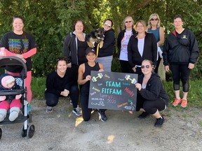 Team Fit Fam participated In the Terry Fox Run, raising a total of $600. Some did 5K while others did 10K. (L-R): Back row: Cassandra Messena with daughter Charlotte, Tina Noble, Brianna Yuill, Faye DeMelo, Kandra Clark, Deb Hayes and Chris Cranston. Front row: Courtney Clark, Mindy Porter and Sara Bender. Faith and Al Conley photo.