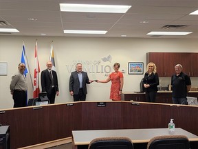 Town of Vermilion staff and council members accept the AUMA Sustainability in Action Award on Sept. 24. From left: George Rogers, Town of Vermilion CAO, Councillor Robert Pulyk, Micheal O'Mara, AUMA Director of Client Services, Mayor Caroline McAuley, Mary Lee Prior, Economic Development Coordinator, and Councillor Richard Yaceyko.