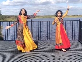 Manorama and Vasundhara Joshi dance for "The World Meets Virtually in Wood Buffalo," an online event hosted by the Multicultural Association of Wood Buffalo. Screengrab/Multicultural Association of Wood Buffalo