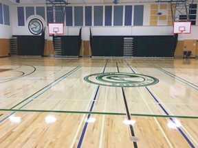 The floor and bleachers in St. Theresa School’s gym were upgraded as part of the Elk Island Catholic Schools Summer Project. Photo Supplied.
