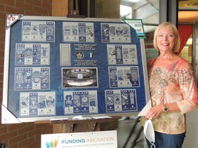 Jeanne Lindsay stands with the Hospital Auxiliar's new print, "Toronto Maple Leafs Ticket Set". Liz Nurton photo