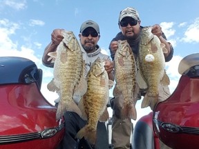 Jason and Oliver Gibbons hold up part of their massive 24.80 pound limit of smallmouths from the Rainy River on Saturday.