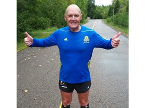 Hec Clouthier gives the thumbs up after he recently completed the virtual Boston Marathon, which served as a fundraiser for the Marianhill Building Care Campaign, for which he serves as honorary campaign chairman.