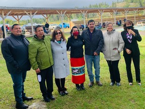 The Mikisew Cree First Nation's newly elected chief and council on Sept. 12, 2020. L-R: Councillor Russell Kaskamin, Chief Peter Powder and councillors Sherri McKenzie, Lydia Courtoreille, Ronnie Campbell, Roxanne Marcel and Bonnie Fraser. Supplied Image/MCFN