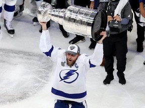 Steven Stamkos of the Tampa Bay Lightning skates with the Stanley Cup following the series-winning victory over the Dallas Stars in Game 6 of the 2020 NHL Stanley Cup final at Rogers Place on September 28, 2020, in Edmonton, Alta. (Photo by Bruce Bennett/Getty Images)