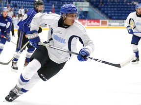 Quinton Byfield  in action during the Sudbury Wolves first  blue and white game  at training camp in Sudbury, Ont. on Wednesday August 29, 2018.