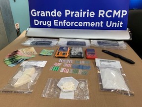 On Aug. 14, members of the Grande Prairie RCMP Municipal Drug Unit executed a search warrant in an apartment complex in Grande Prairie. The search resulted in the following being seized: over five oz hard and soft cocaine, $1,085 Canadian currency, three cellphones, and packaging materials and weigh scales.