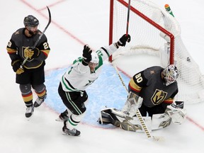 Dallas Stars forward Corey Perry (10) celebrates the game-winning goal scored by teammate Denis Gurianov during overtime against the Vegas Golden Knights in Game 5 of the third round of the 2020 Stanley Cup playoffs at Rogers Place in Edmonton. Dallas is now off to the Cup final. Photo taken on Sept. 14, 2010. Gerry Thomas-USA TODAY Sports