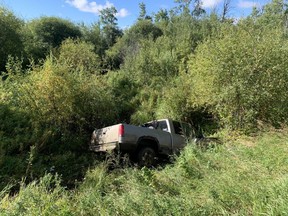 A pickup truck is seen crashed into a culvert near Peace River, Alta., in an undated handout photo. RCMP say a pedestrian who was fatally struck and killed along with his dog on a northern Alberta road had earlier crashed a pickup truck into a creek.