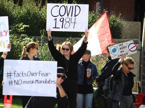 People opposing a proposed mask bylaw rally outside the Jubilee Centre on Saturday, September 12, 2020. Vincent McDermott/Fort McMurray Today/Postmedia Network