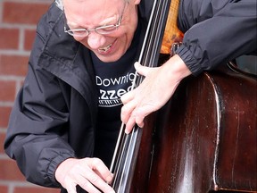 Bassist Brian Quebec performs with the Tony Simpkin Trio at Downtown Jazzed Up, outside the YMCA in downtown Sudbury, Ontario, on Saturday, September 12, 2020.