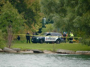 Police cordoned off an area just south of the pavilion behind the Harry Lumley-Bayshore Community Centre during a search for Bruce McCartney, 62, last seen Monday at his Owen Sound residence. Police later confirmed his lifeless body was found in the water Thursday.(Scott Dunn/The Sun Times/Postmedia Network)