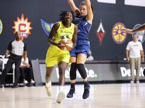 Natasha Howard (6) of the Seattle Storm drives to the basket against Bridget Carleton of the Minnesota Lynx during Game 1 of their WNBA semifinal on September 22, 2020, at Feld Entertainment Center in Palmetto, Florida. (Photo by Stephen Gosling/NBAE via Getty Images)