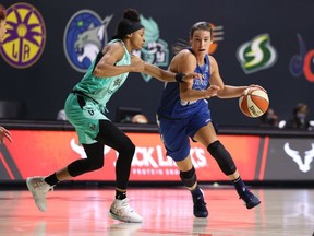 Bridget Carleton (6) of the Minnesota Lynx drives to the basket against the New York Liberty on August 15, 2020, at Feld Entertainment Center in Palmetto, Florida. Copyright 2020 NBAE (Photo by Stephen Gosling/NBAE via Getty Images)