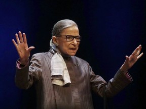 U.S. Supreme Court Justice Ruth Bader Ginsburg gestures while introduced during the inaugural Herma Hill Kay Memorial Lecture at the University of California at Berkeley in 2019. (AP Photo/Jeff Chiu)