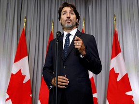 Prime Minister Justin Trudeau speaks during a news conference at a cabinet retreat in Ottawa September 14, 2020.