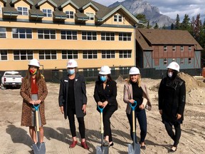 Breaking ground on a new affordable housing complex for Banff residents at the YWCA Banff Courtyard construction site on September 23. (From left) Deputy Mayor with the Town of Banff Corrie DiManno, CEO of YWCA Banff Connie MacDonald, Housing and Seniors Minister Josephine Pon, MLA for Banff/Kananaskis Miranda Rosin, and President, Board of Directors, YWCA Banff Salina Rieme. Photo Marie Conboy/ Postmedia.