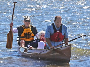 Belleville Councillors Sean Kelly and Pat Culhane join Venture Outfitters owner Mark Schwartz for the launch of a new Canadian Canoe designed and manufactured in Ontario Friday morning at the Pop-Ups on the Bay at West Zwick's Park.
TIM MEEKS