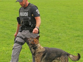 Belleville Police Const. Jesse McInroy runs Bax, a two-year-old German Shepherd, through his paces during a media event held Tuesday at the playgorund at Potter's Creek subdivision to introduce Belleville's first K-9 unit in eight years. 
TIM MEEKS