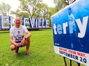 Neil Dowson of Wellington promotes the Belleville Terry Fox Run Thursday in West Zwick's Centennial Park in Belleville. He's marking the Sept. 20 virtual event by doing his own marathon in the park.