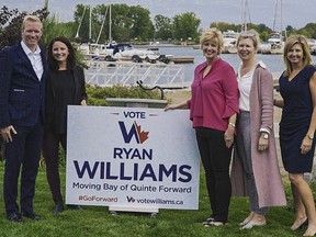 City of Belleville Councillor Ryan Williams officially announced his intentions to seek the Conservative Party of Canada's nomination to run to be the Member of Parliament for Bay of Quinte on Wednesday at Trenton's Trent Port Marina. Joining him for the announcement were his wife Allyson, mother Heather Williams, Kristen Crowe and Cassandra Bonn.
SUBMITTED PHOTO
