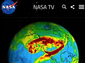 A screengrab from a NASA animation of American west coast wildfire smoke and carbon monoxide shows two large swathes of particles drifting easterly across North America to the Great Lakes region bringing a fine haze (illustrated in yellow) over skies in Eastern Ontario, including Quinte. 
NASA