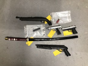 A 27-year-old Trenton arrested last week faces more than two dozen charges including numerous counts of possession of weapons. Quinte West OPP seized numerous weapons during the man's arrest.
OPP PHOTO