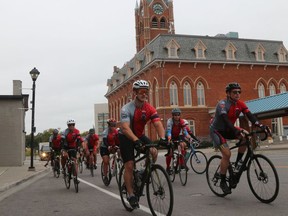 Police officers depart Market Square Friday morning for the one-day cycle to Brockville to celebrate the 2020 Ride to Remember in recognition of fallen peace officers across teh country.