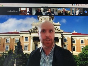 Dr. Sean Carleton, an assiatant history professor at the University of Manitoba, appeared before the Holding Court Statue Working Group via Zoom on Friday afternoon. Dr. Carleton said the statue should be removed from its position in front of the Picton Library. BRUCE BELL